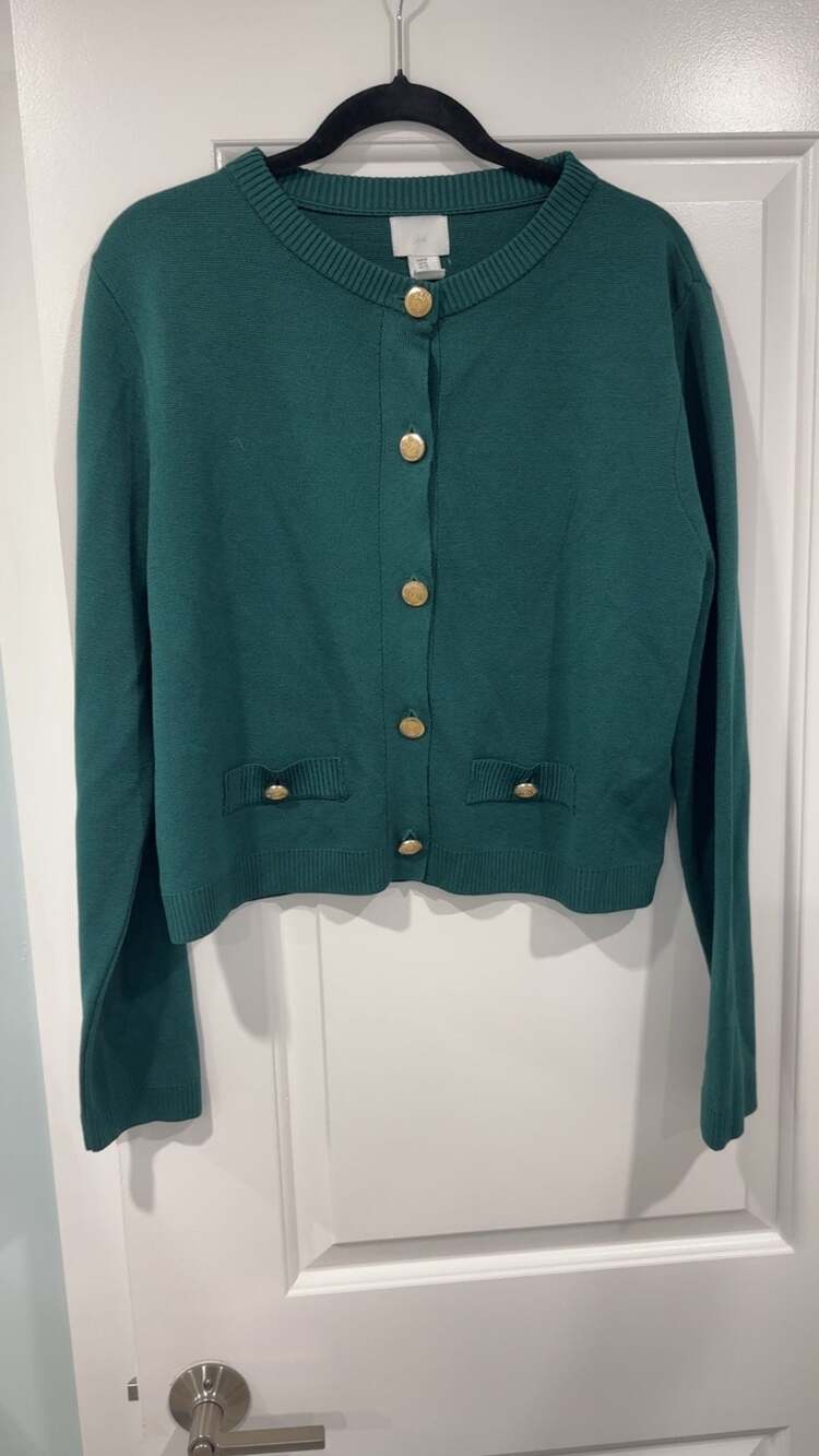 H&M Women's Emerald Green Fine-Knit Cardigan with Gold Buttons Size XL